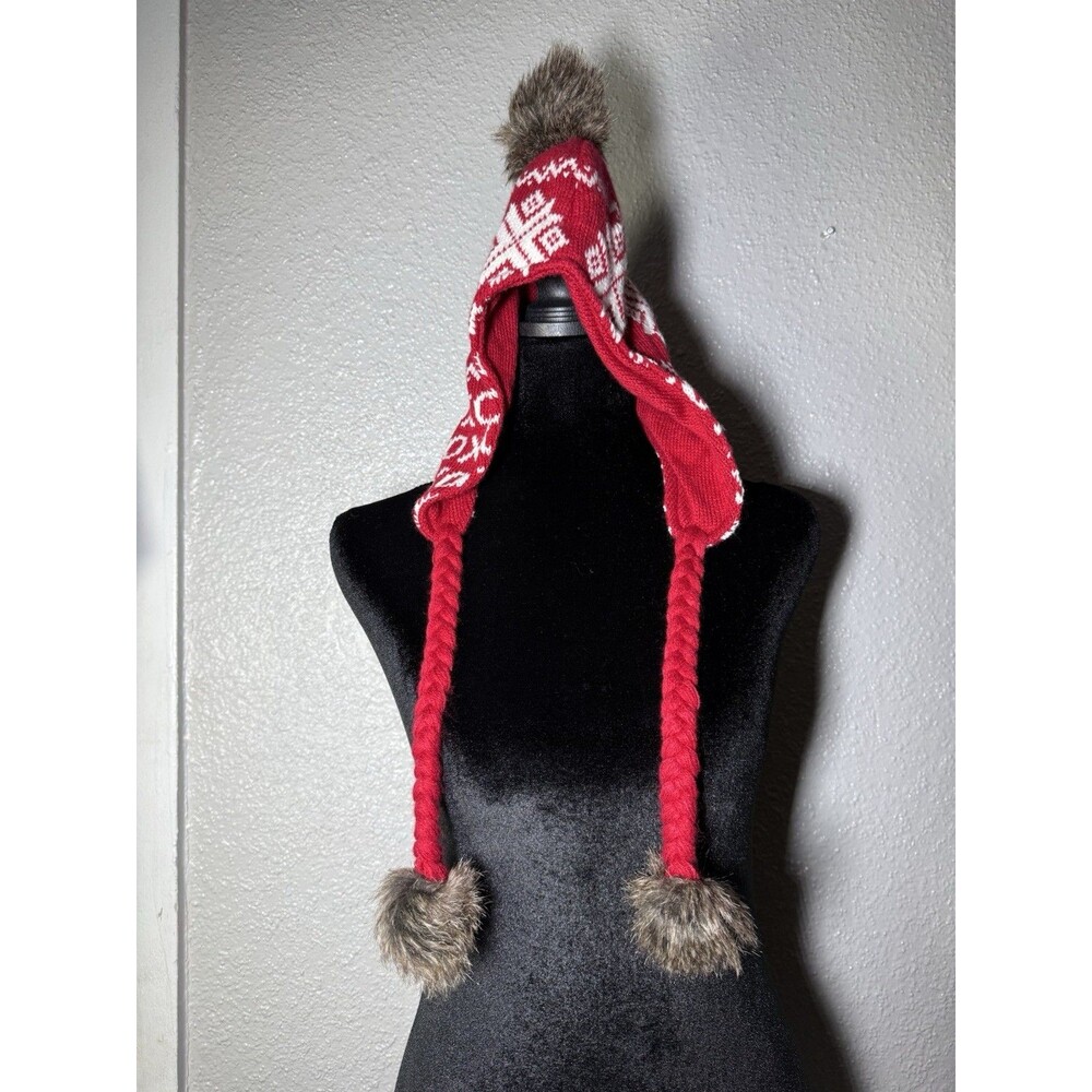 Betsey Johnson NWT Red Knit Nordic Snowflake Trapper Hat Faux Fur Pom Poms